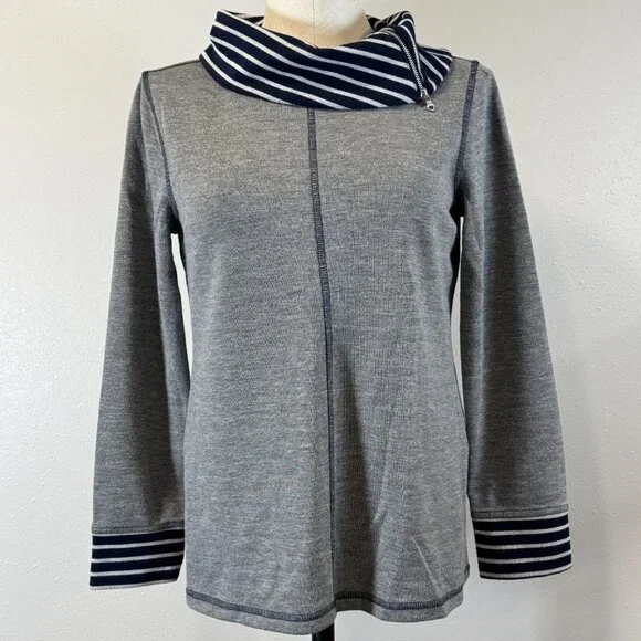 Weekend by Chico's Striped Collar Top Sz 0 (S/M) Cowl Neck Gray Blue Long Sleeve - Picture 3 of 16